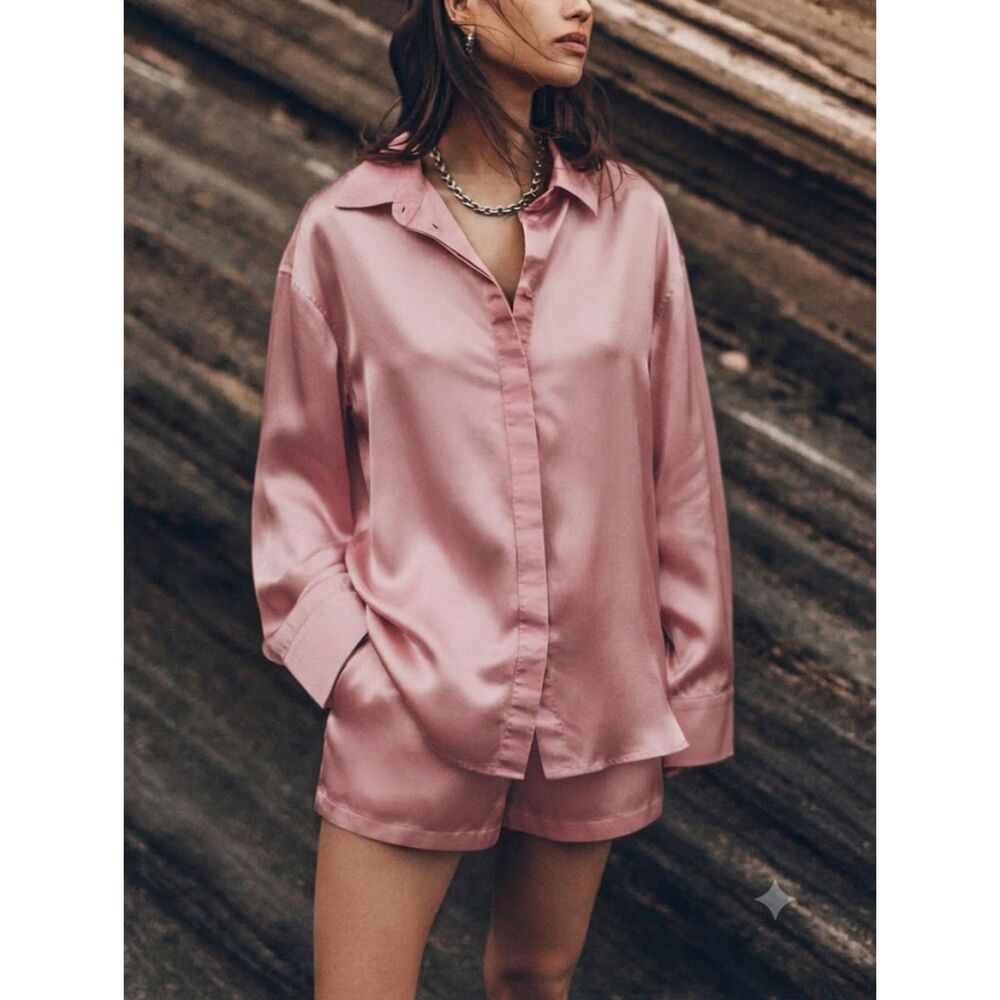 Frame Denim Pink Silk Satin Button Dress Shirt Blouse Sz L Classic Chic Office